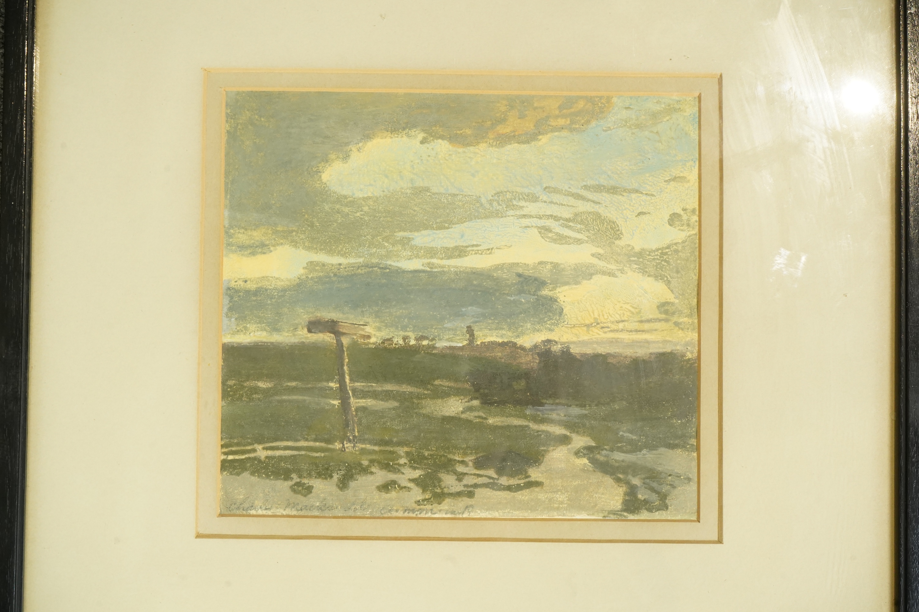 Charles Mack (?), mixed media and oil, Marshland, indistinctly inscribed, label verso, 19 x 21cm. Condition - fair